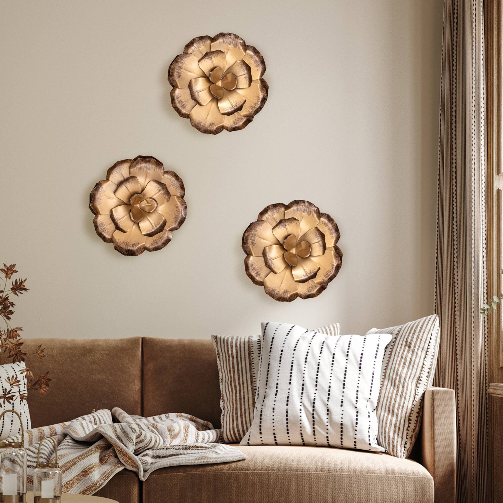 Habitat Decor Zinnias Bronze Flower Metal Wall Art Set